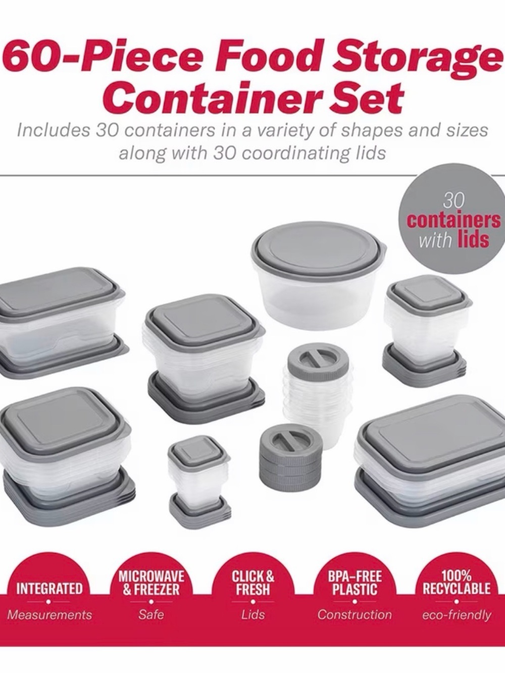 60-Piece Gray Food Storage Container Set - 30 plastic Containers with Lids NIB